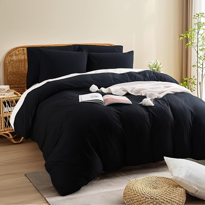 NEXHOME PRO Twin Duvet Cover Set – 100% Certified Organic Cotton with Washed Feel & Linen-Like Texture, Comfortable & Breathable, Home Bedding Set Black (No Comforter)