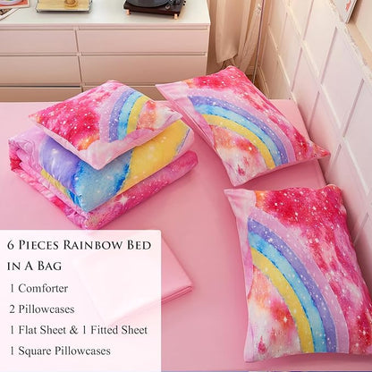 ANGIYUIN 6 Pieces Pink Tie Dye Full Size Bedding Sets for Girls/Teens/Kids, Colorful Rainbow Girls Comforter Set, Sparkle Galaxy Glitter Bedding Comforter Set for All Season