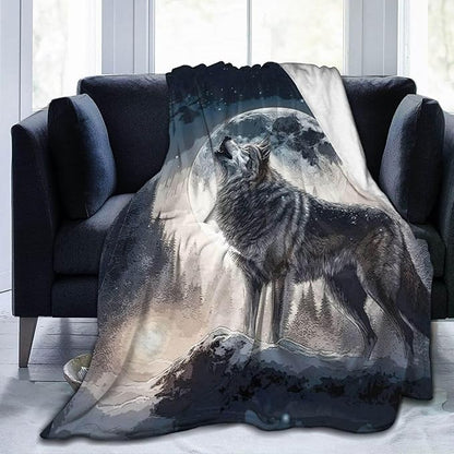 Howling Wolf Blanket for Women Men, Cool Wolf Themed Design Printed Throw Blankets for Teens Adults Lap, Couch Bed, Warm Soft Cozy Blanket, 60"x 80"