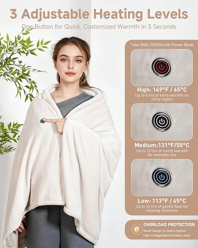 Cordless Heated Blanket with Hood, USB Battery Powered Heated Wearable Blanket with 9 Heating Zones, 20000 mAh Power Bank, 3 Levels, Portable Heated Throw Blanket, Heated Shawl