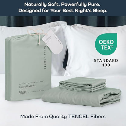 Olive + Crate Tencel Eucalyptus Cooling Duvet Cover Set - Hypoallergenic, Lyocell Tencel Duvet Cover - Soft, Temperature Regulating with Hidden Button Closure & Corner Ties - Queen Size [Spring Sage]