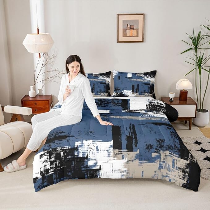 Feelyou Abstract Bedding Set Kids Modern Abstract Art Comforter Set Blue Black White Comforter for Boys Room Decor Lightweight Duvet Set Full Size with 2 Pillow Case