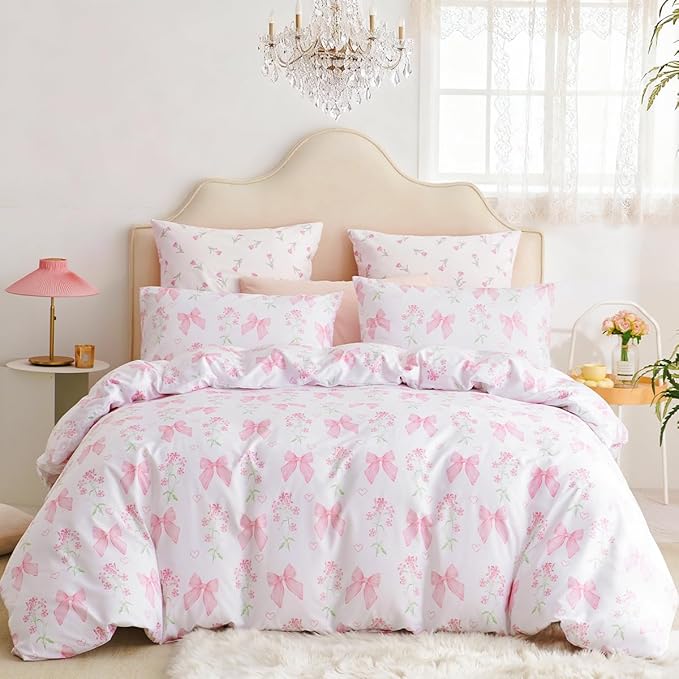 Duvet Cover Queen 3Pcs Pink Floral Bow Bedding Set for Girls Kids, Romantic Princess Style Bowknot Bedding, Ultra Soft Reversible Garden Flower Duvet Cover Set(2 Pillowcases,No Comforter)