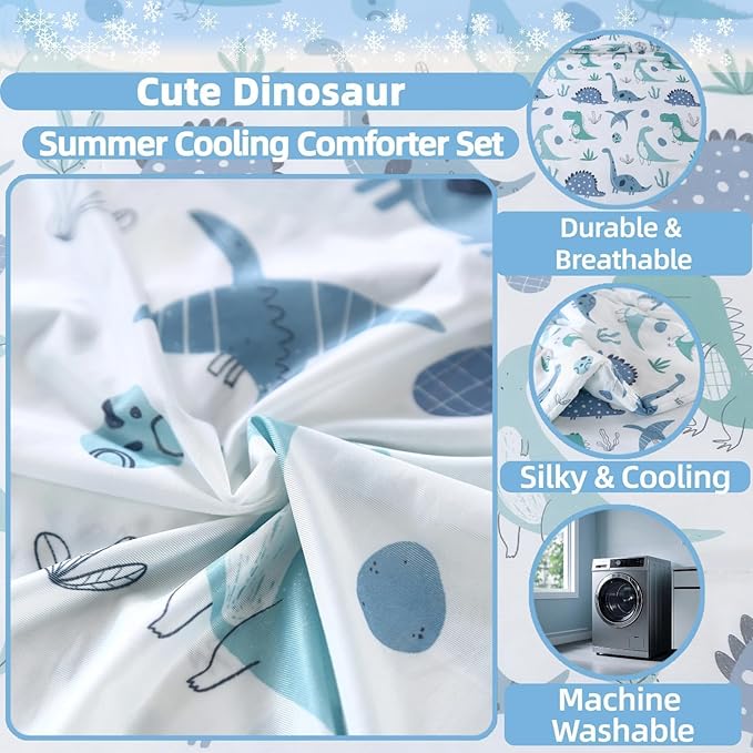 SDIII Dinosaur Comforter Twin 3 Pieces, Silky Breathable Microfiber and Spandex, Cute Dinosaur Bedding Twin Set for Boys Girls Kids and Teens