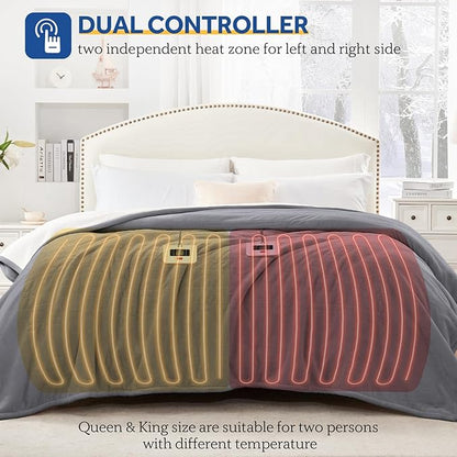 Sealy Electric Blanket Queen Size, Flannel & Sherpa Heated Blanket, 10 Heat Settings, Auto Shut Off, Machine Washable, Light Grey, 84 x 90 Inch