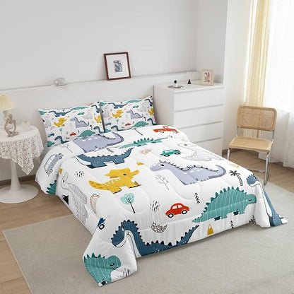 Cartoon Dino Boys Comforter Set Queen Size,Cute Dinosaur Animal Blue Yellow Sketch Bedding Set for Women Adult,Cars Rainbow Trees Printed Kawaii Luxury Bed Duvet Insert, 2 Pillowcases