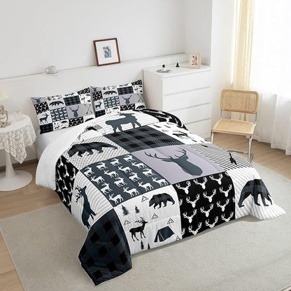 Feelyou Rustic Deer Bear Comforter Set Twin, Camping Hunting Comforter Set for Kids Western Farmhouse Comforter Bear Antler Silhouette Duvet Set Breathable Quilt Set 2Pcs
