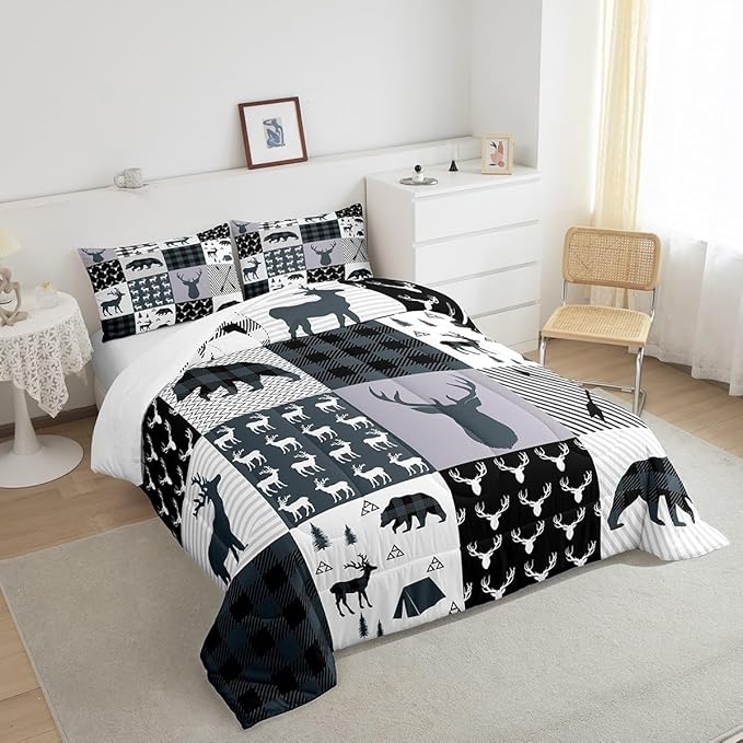 Feelyou Rustic Deer Bear Comforter Set Full, Camping Hunting Comforter Set for Kids Western Farmhouse Comforter Bear Antler Silhouette Duvet Set Breathable Quilt Set 3Pcs