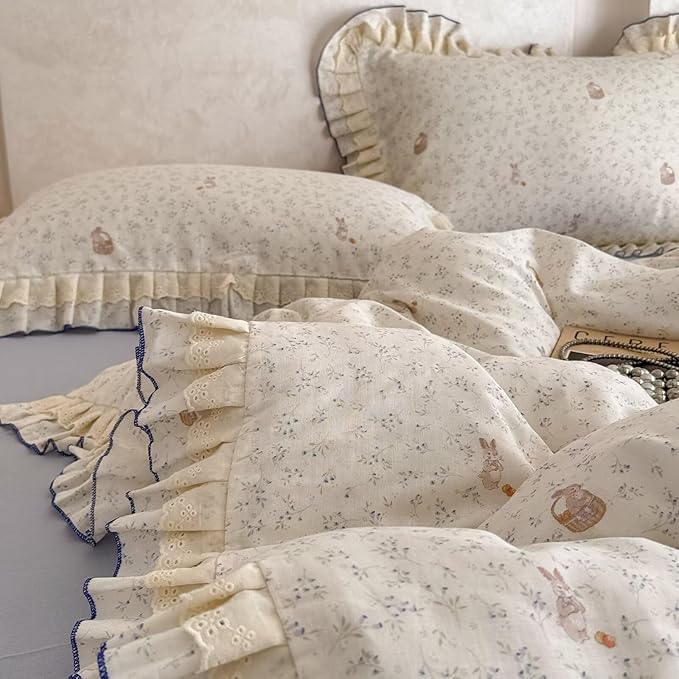 BuLuTu Lace Ruffles Duvet Cover Twin with Cute Rabbit Blue Floral Print, Princess Bedding Set for Kids Teens Girls, 100% Gauze Cotton Muslin Bedding Comforter Cover with Zipper, 4 Ties