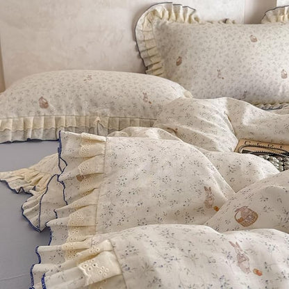 BuLuTu Lace Ruffles Duvet Cover Twin with Cute Rabbit Blue Floral Print, Princess Bedding Set for Kids Teens Girls, 100% Gauze Cotton Muslin Bedding Comforter Cover with Zipper, 4 Ties
