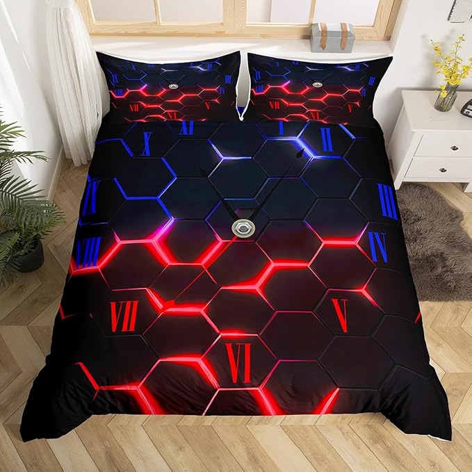 3D Honeycomb Duvet Cover Set Twin Size,Red and Blue Neon Light Hexagon Geometric Comforter Cover for Kids Boys Teens Bedroom,Abstract Art Polyester Soft Bedding Set with 1 Pillowcase, (No Comforter)