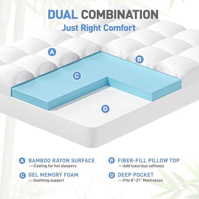 Dual Layer 3 Inch Memory Foam Mattress Topper California King Size, 2 Inch Cooling Gel Memory Foam Plus 1 Inch Pillow Top Mattress Pad Cover, with 8-21 Inch Deep Pocket