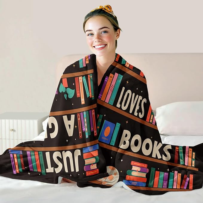 Reading Lover Blanket, Just A Girl Who Loves Books Blanket, Soft Warm Cozy Fleece Throw, Gifts for Girls Women Kids, 50"x60", Black
