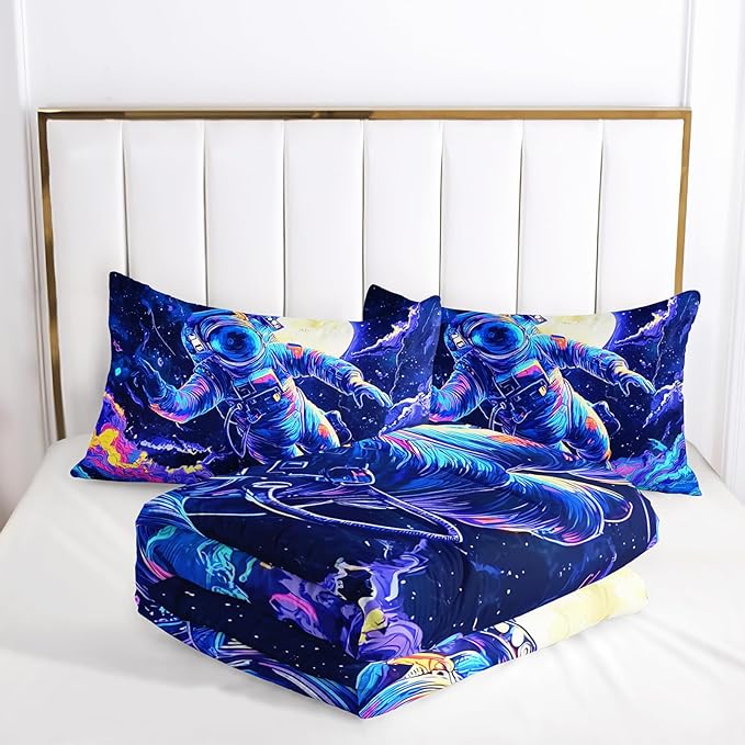 Kids Dark Blue Astronaut Comforter Set Full Size for Boys，Outer Space Themed Full Size Bedding Set，with 1 Comforter with 2 Pillow Case，Astronaut Themde Bedroom Decor for Boys Kids