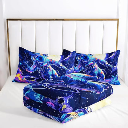Kids Dark Blue Astronaut Comforter Set Queen Size for Boys，Outer Space Themed Queen Size Bedding Set，with 1 Comforter with 2 Pillow Case，Astronaut Themde Bedroom Decor for Boys Kids