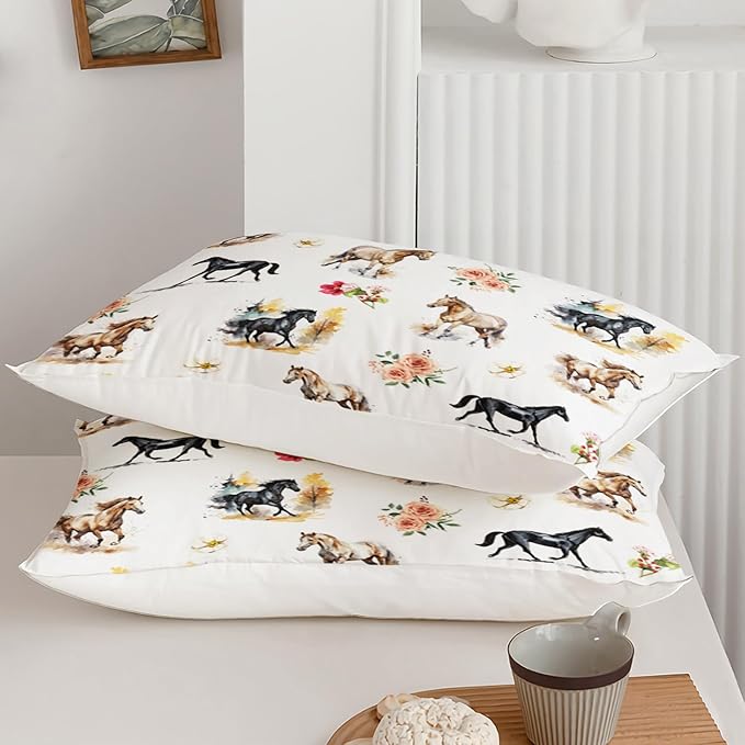 Horse Comforter Bedding Set for Boys Girls Kids Teens, Watercolor Painting Horse and Flowers Print Bedding Set Queen Size