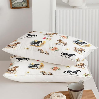 Horse Comforter Bedding Set for Boys Girls Kids Teens, Watercolor Painting Horse and Flowers Print Bedding Set Queen Size