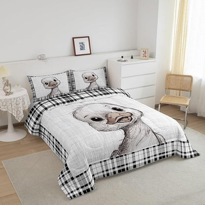 Cute Duck Pattern King Size Comforter Set,Kids Black White Grid Stripes Decor All Season Bedding Set,Teens Lovely Animal Comforter,Girls Duck Pattern Decor Quilt Set Bedroom Collection 3Pcs