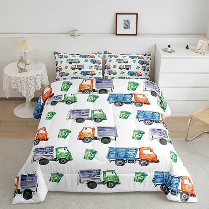 Cartoon Garbage Truck Bedding Green Trash Truck Comforter Set for Kids Boys Girls Toddler Green Vehicle Car Bedding Set Refuse Classification Garbage Truck Print Duvet Set 2 Pieces Toddler Size