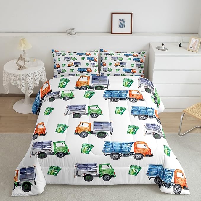 Erosebridal Cartoon Garbage Truck Bedding Set - Green Trash Truck Comforter, Duvet Set for Kids Boys Girls Toddler - 3 Pieces