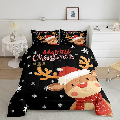 Cartoon Deer Reindeer Comforter Set Full,Merry Christmas Bedding Set for Kids Boys Girls,Xmas Snowflake Duvet Insert Bedroom Decor,Happy New Year Gift Down Comforter with 2 Pillowcases Soft