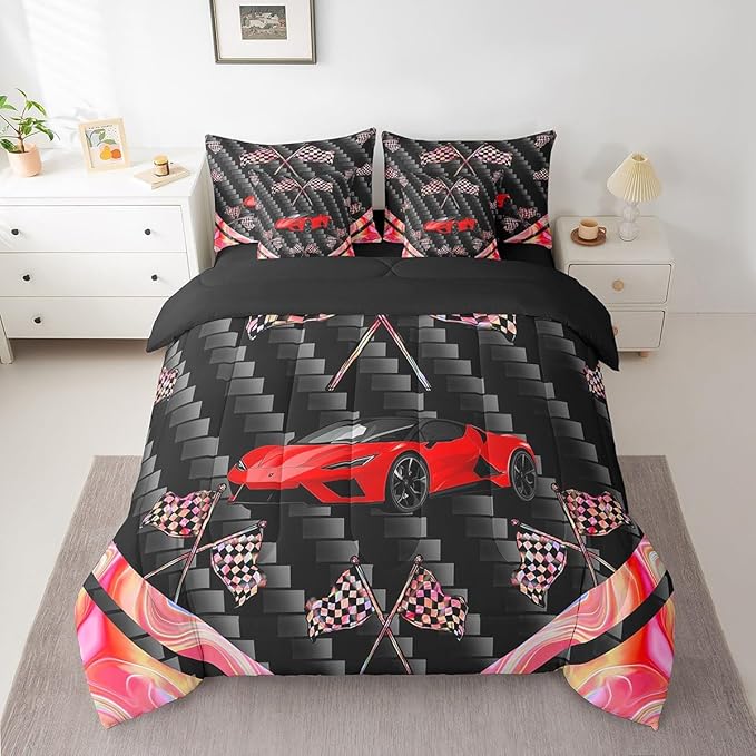 Feelyou Red Race Car 7 Piece Bedding Set Twin Size Extreme Sports Comforter Set with Sheets for Kids Teens Adult Fast and Furious Bed in a Bag Dazzling Flag Bed Set