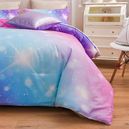 A Nice Night 6Pcs Gradient Glitter Bedding Set for Girls Twin Size, Colorful Rainbow Galaxy Comforter Set, Ultra Soft Bedding Sets, Purple