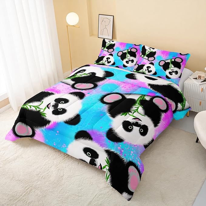 QOOMO Panda Comforter Queen Size,Neon Panda Comforter Set for Kids Teens Girls Boys,3Pcs Bedding Set Printed Comforter with 2 Pillowcases,Down Alternative,Soft and Lightweight，Queen Size