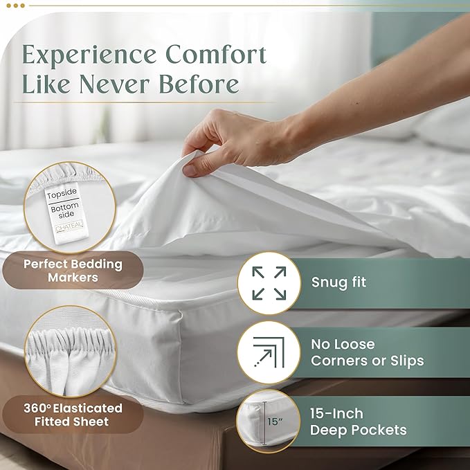 100% Egyptian Cotton Sheets Full Size Bed Set, Deep Pocket Full Sheet Set, 800 Thread Count Cotton Bed Sheets, Naturally Cool Soft Breathable No Pill Elasticated Luxury White Bedding For All Seasons