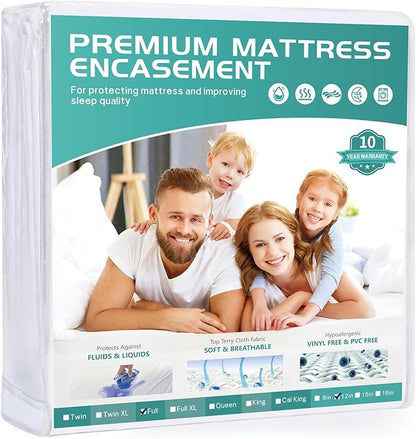 【No Pilling】 Full Mattress Protector Cover 54"x75" Zippered and Waterproof Fits 9-12" Deep, Skin-Friendly Urine-Proof Stain Resistant Breathable Soft
