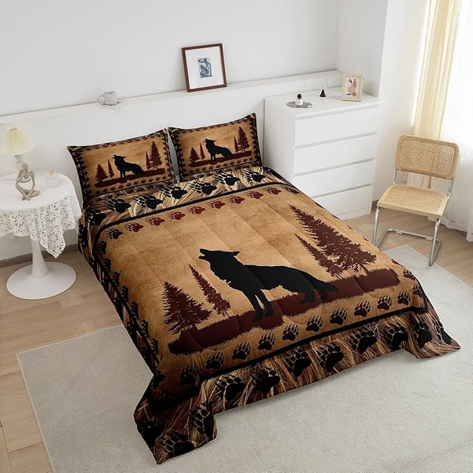 Feelyou Cute Wolf Comforter Set for Girls Boys Kids Wolves Howling Bedding Set Room DecorAnimal Wolves Tree Bedding Set Exotic Brown Black Duvet Set Full Size 3Pcs Quilt Boys
