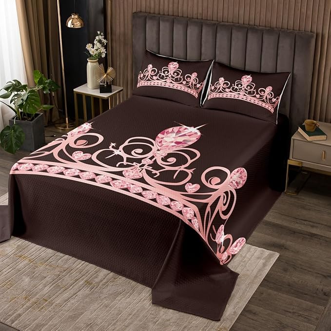 Erosebridal Princess Coverlet Set, Pale Pink Crown with Diamond Bedding Quilted Girly Bedspread, Kids Children Woman Soft Microfiber Decorative Quilt Set Twin Size, Black