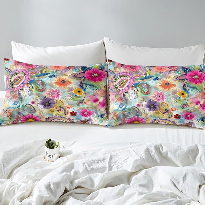 Flowers Tie Dye Duvet Cover Queen Size 90"x90",Watercolor Paisley Print Bedding Set for Bedroom Decor Polyester Comforter Cover,Romantic Boho Floral Plant Quilt Cover with 2 Pillowcases,(No Comforter)