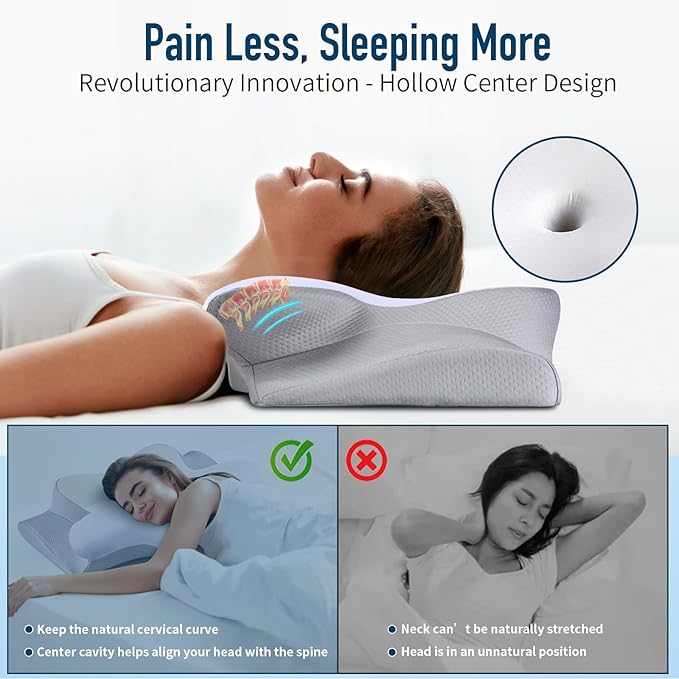 Cervical Pillow for Neck Pain Relief - Ergonomic Pillow for Sleeping Side Sleeper Pillow for Adults, Contour Neck Pillow Cooling Memory Foam Pillows, Orthopedic Bed Pillow(White & Grey)