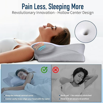Cervical Pillow for Neck Pain Relief - Ergonomic Pillow for Sleeping Side Sleeper Pillow for Adults, Contour Neck Pillow Cooling Memory Foam Pillows, Orthopedic Bed Pillow(White & Grey)