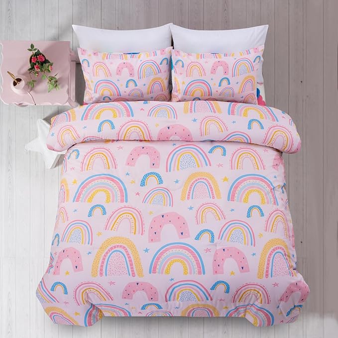 A Nice Night Lightweight Soft Cartoon Rainbow 6Pcs Twin Comforter Sets, Love Hearts Printed Bedding Set for Boys Girls,Pink