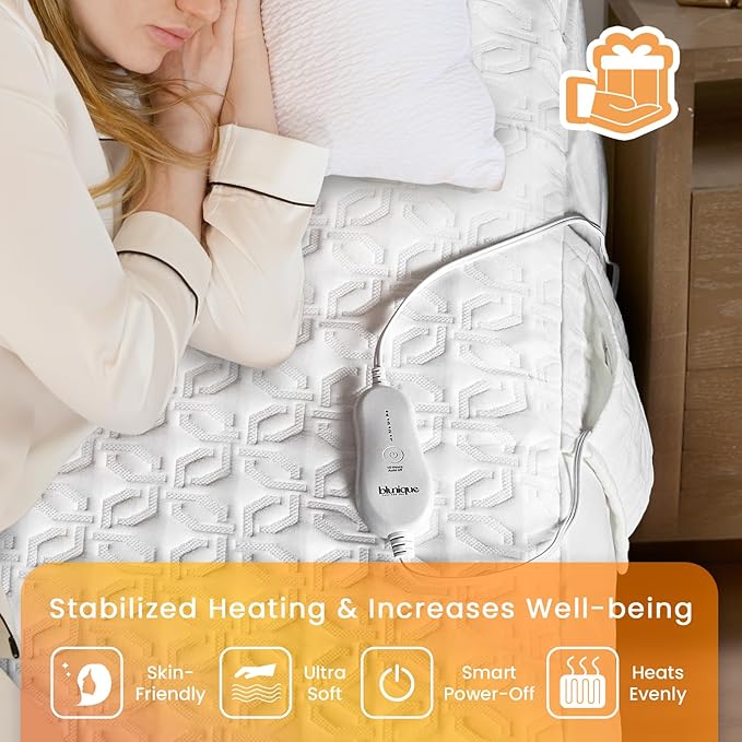 Electric Heated Mattress Pad King Size Dual Control Bed Warmer, Deep Pocket, Side Storage Pouch for Controller, Machine Washable, 3D Air Layer Fabric, 78"x80", White
