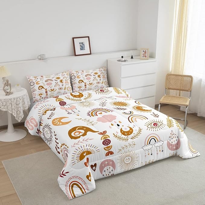 Feelyou Colorful Rainbow Comforter Set Kawaii Botanical Leaf Bedding Set for Girls Kids Room,Cute Colorful Cartoon Orange Decor Comforter Soft Quilt Room 3Pcs Full Size Boys