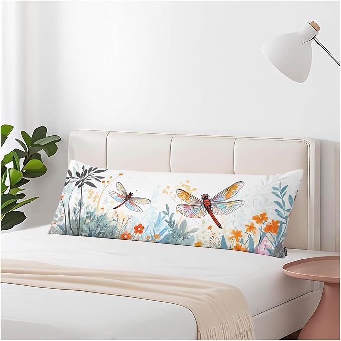 Dragonfly Decorative Body Pillow Covers 20x54inch, Retro Dragonflies Wildflowers Super Soft Body Pillow Case Cushion Cover Body Pillowcases for Bed/Sofa/Couch/Patio/Balcony