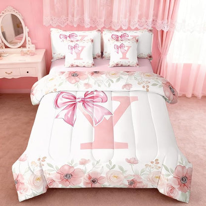 Erosebridal Pink Initial Letter Y Bed in A Bag for Young Woman Bedroom Decor, Kawaii Bow Tie Bowknot Comforter Set with Sheets King Flower Floral Dreamy Princess Style Bed Set Bedroom Decor 7-Piece