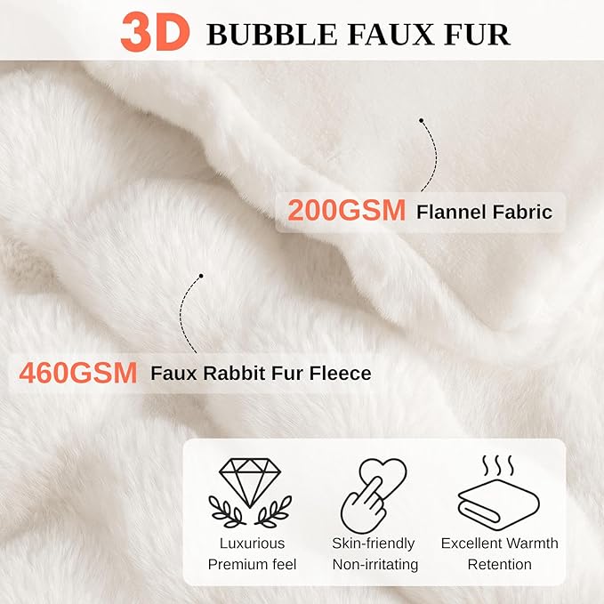 Electric Heated Blanket Throw 50"x60" White Ultra Soft Luxury Fluffy Faux Rabbit Fur Machine Washable 6 Heat Settings 4 Hours Auto Off Overheat Protection for Home Office Use