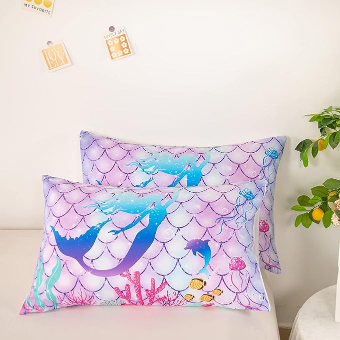 CVHOUSE Mermaid Duvet Cover Twin Size,Ocean Rainbow Bedding Set for Girls Kids Teens,Beach Comforter Cover,1 2 Pillowcases 3 Piece Twin 71'x87'