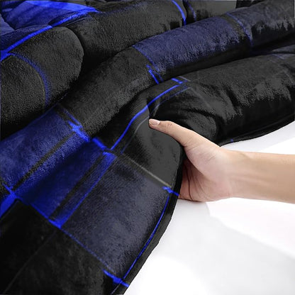 QOOMO 3D Abstract Geometric Sherpa Comforter Set, Blue Black Neon Light Honeycomb Full/Queen Size Bedding Set, Ultra Soft and Cozy Sherpa Fleece Comforter, 1 Comforter 2 Pillowcases All Season