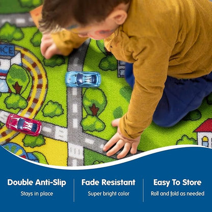 Booooom Jackson Large Car Rug 4’4" × 6’3",Train Track Car Mat for Kids Toy Cars,City Road Car Carpet,Kids Play Rug,Playmat Race Track Play Mat Playroom Area Rug
