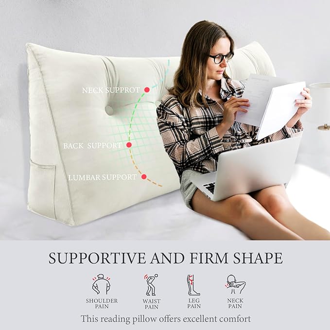Headboard Wedge Pillow Large Reading Pillow Full Size Bed Rest Back Support Pillow for Sitting up in Bed Daybed Couch Backrest Cushion Velvet Off-White