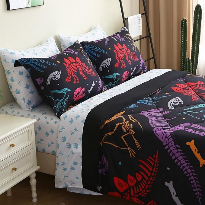7 Piece Boys Dinosaur Comforter Set Twin Size 3D Black Dinosaur Skeleton Bedding Set for Toddler Kids Teens Christmas Birthday Gift