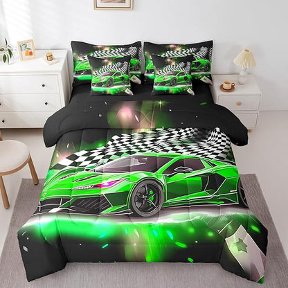 Feelyou Green Racing Car 7 Piece Bedding Set Queen Size Extreme Sport Comforter Set with Sheets for Kids Boys Girls Teens Toddler Fast and Furious Bed in a Bag Black White Flag Bed Set