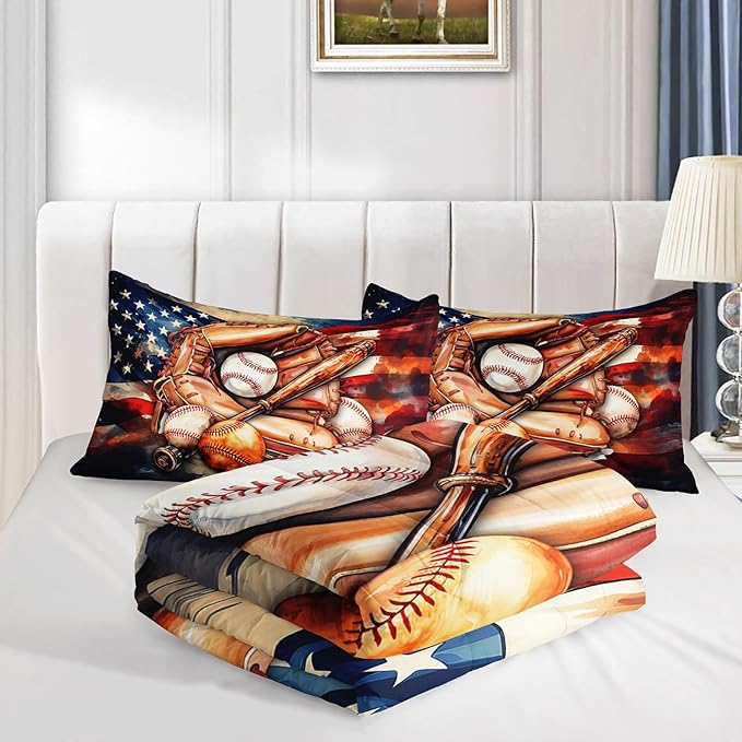 Kids Comforter Set American Flag Baseball Printed Pattern Bedding Set with 1 Comforter and 2 Pillowcases for Girls Boys Bedroom All Season(C-American Flag Baseball01 Queen)