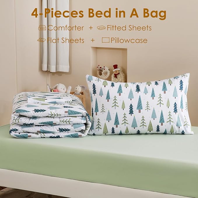 Toddler Comforter Set for Kids, Boys, Girls, 4 Pieces Bed-in-a-Bag Bedding Set, All Season Ultra Soft Sheets Set with Comforter, Winter Forest