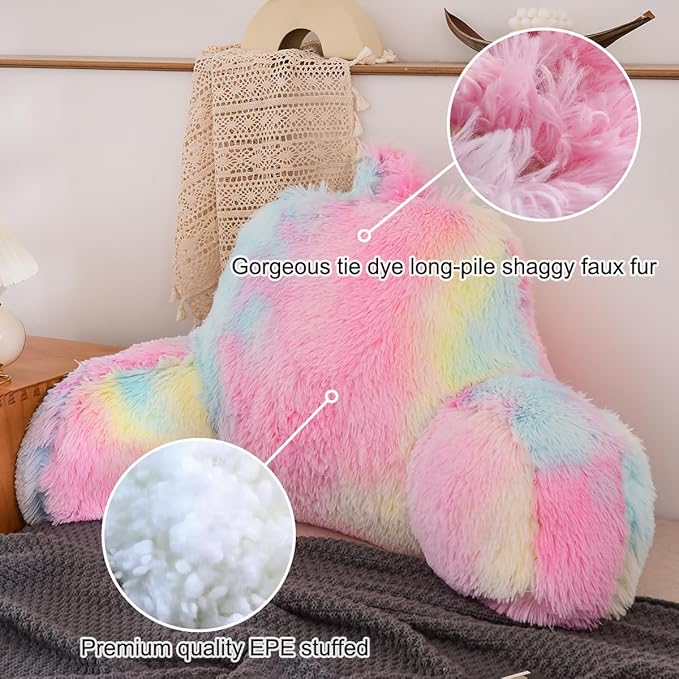 Holawakaka Large Faux Fur Bed Rest Pillow with Arms,Tie Dye Reading Pillows Perfect for Adults Teens Women, Arm, Back, Bedroom Nursery Playroom Sofa Couch Lounge Backrest Cushion(Multi-Color)
